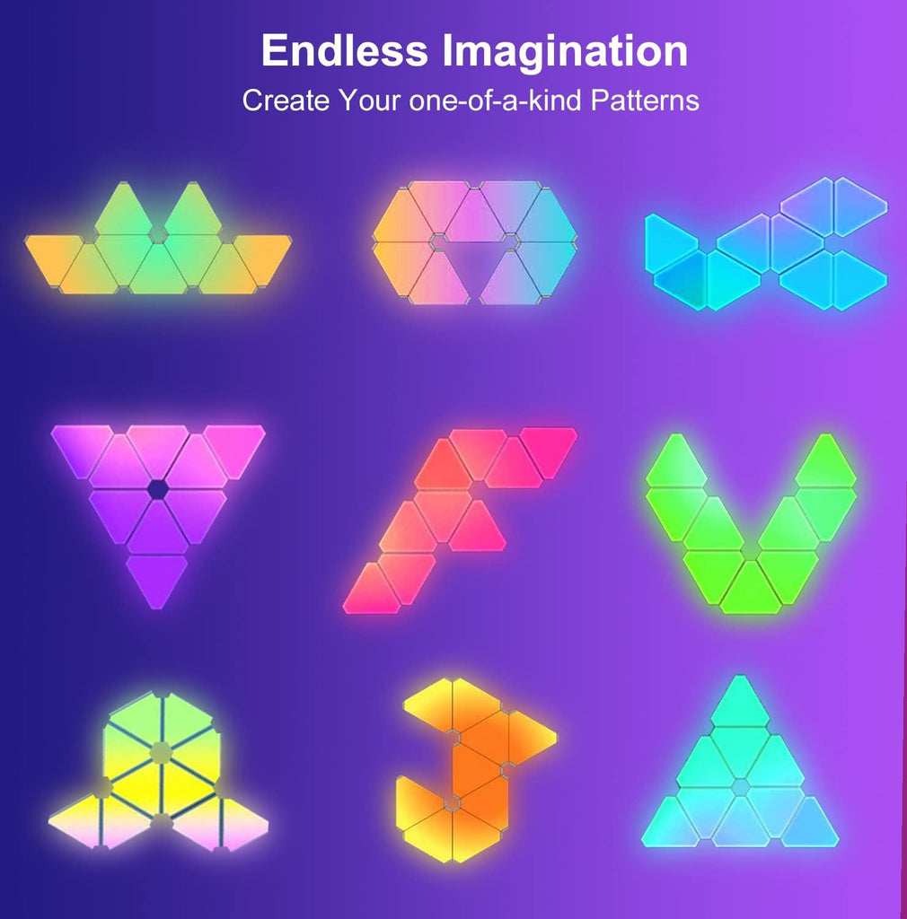 Triangle LED Light Panels, 6 Connection Ports, App Control Music Sync for Gaming Room Streaming. | لوحات إضاءة LED مثلثة الشكل، 6 منافذ توصيل، تحكم عبر التطبيق، مزامنة الموسيقى لبث الموسيقى في غرفة الألعاب.