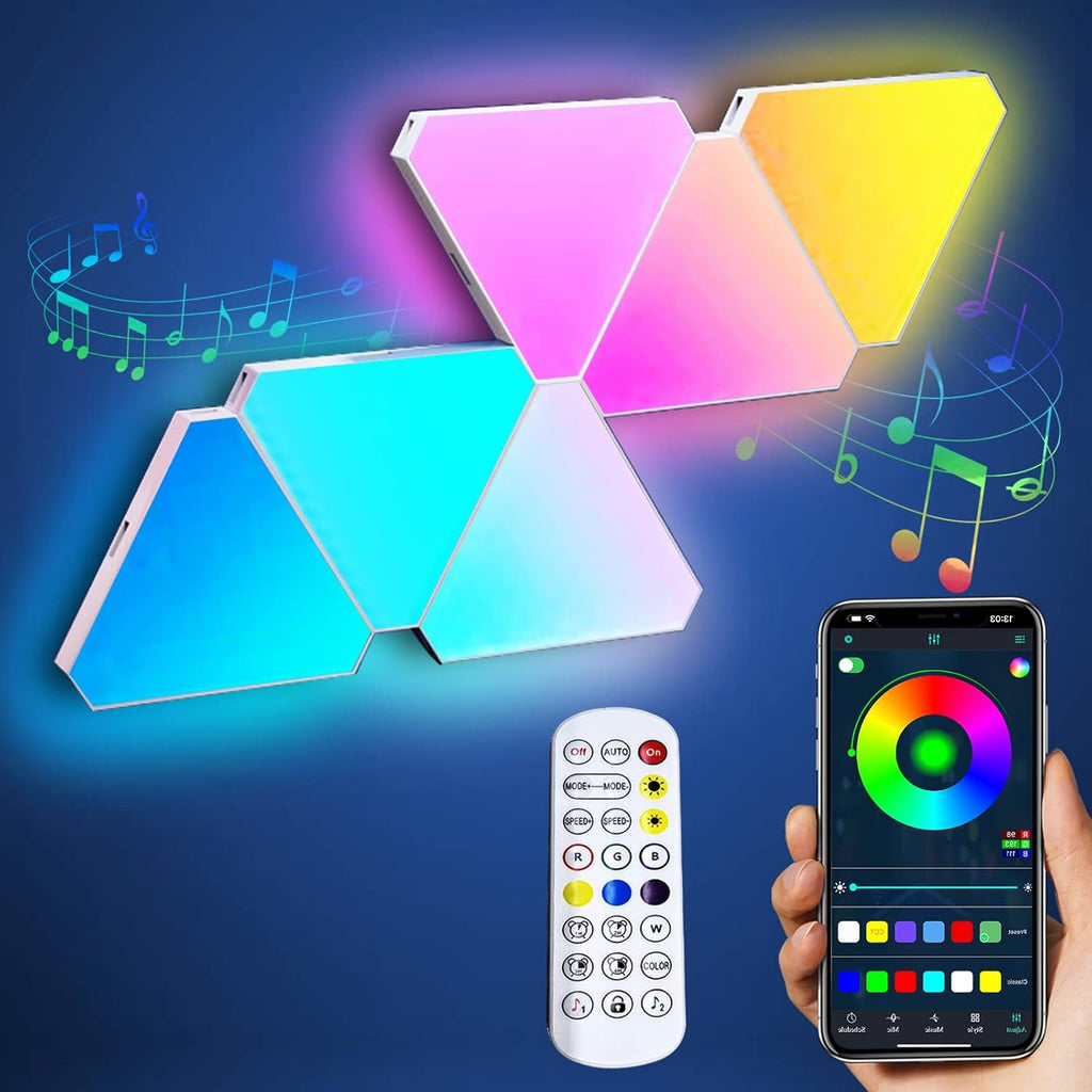 Triangle LED Light Panels, 6 Connection Ports, App Control Music Sync for Gaming Room Streaming. | لوحات إضاءة LED مثلثة الشكل، 6 منافذ توصيل، تحكم عبر التطبيق، مزامنة الموسيقى لبث الموسيقى في غرفة الألعاب.