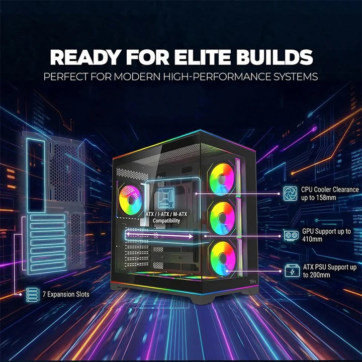 Twisted Minds RAMPAGE Gaming Case Mid Tower with 7 fan ARGB - Black - TM-RAMPAGE-B, ATX Mid Tower Gaming Case.| علبة ألعاب Twisted Minds RAMPAGE متوسطة الحجم - أسود - TM-RAMPAGE-B، علبة ألعاب ATX متوسطة الحجم.