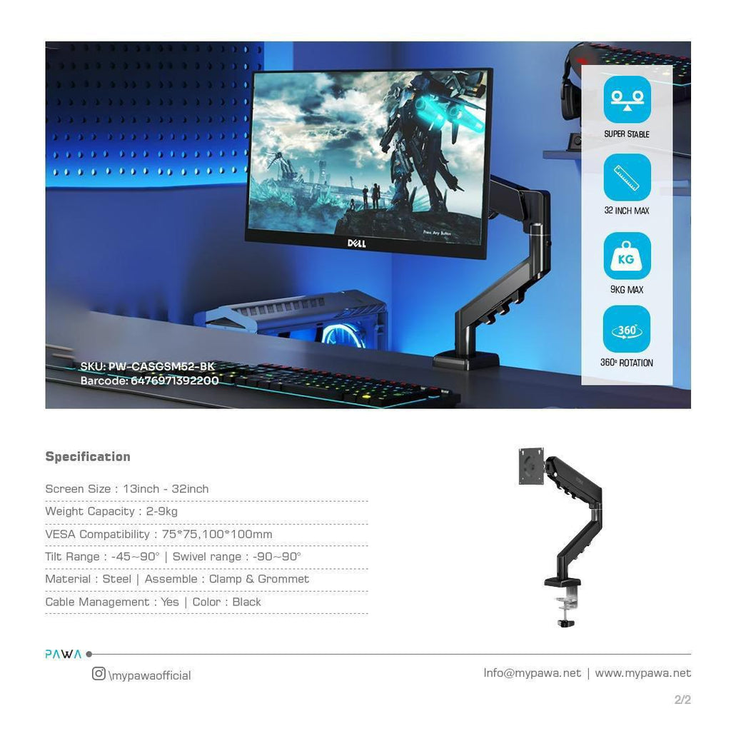 Pawa Single Gas Spring Computer Monitor Arm with 360 Rotation / ذراع شاشة كمبيوتر Pawa ذات زنبرك غازي واحد مع دوران 360 درجة