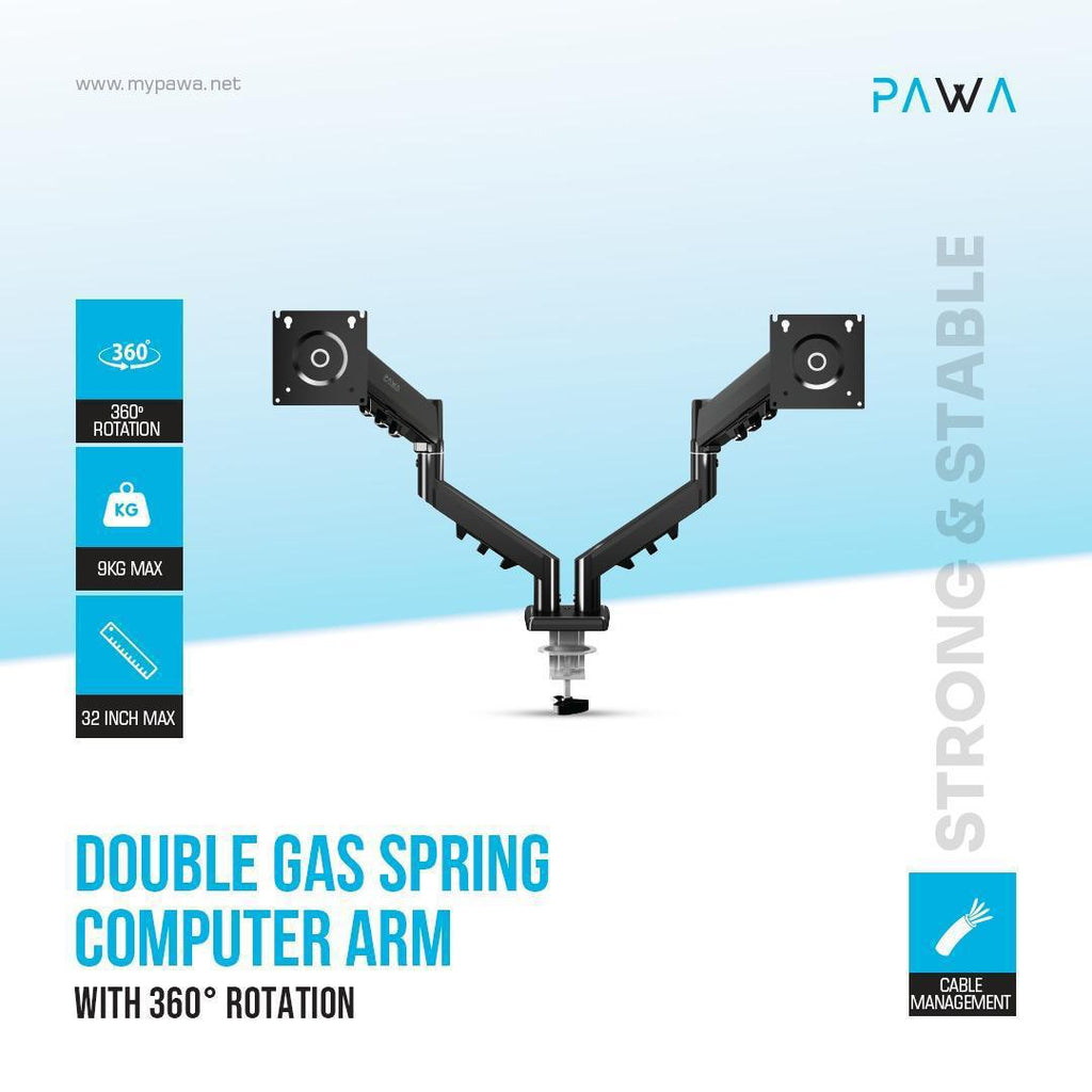Pawa Double Gas Spring Computer monitor Arm with 360 Rotation / ذراع شاشة كمبيوتر Pawa Double Gas Spring مع دوران 360 درجة