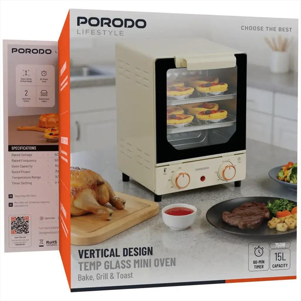 Porodo Vertical Design Temp Glass Mini Oven Bake , Grill & Toast | فرن بورودو صغير من الزجاج المؤقت بتصميم عمودي للخبز والشواء والتحميص