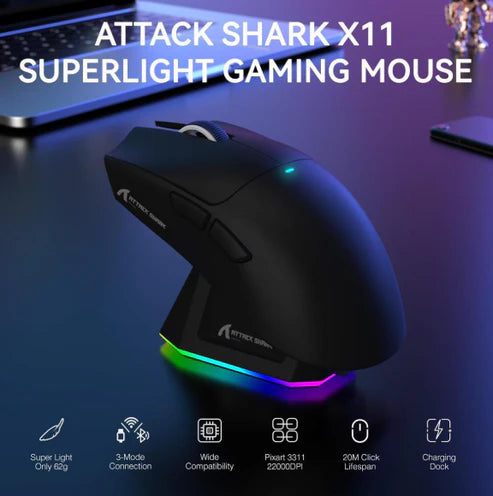 ATTACK SHARK X11 Wireless Gaming Mouse with Charging Doc Black | ماوس الألعاب اللاسلكي ATTACK SHARK X11 مع وثيقة الشحن باللون الأسود