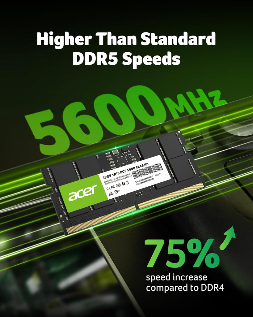 Acer SD200 DDR5 Single RAM 32GB 5600 MT/s CL46 Computer Memory for Laptop | ذاكرة وصول عشوائي فردية Acer SD200 DDR5 سعة 32 جيجابايت بسرعة 5600 ميجابت في الثانية CL46 لأجهزة الكمبيوتر المحمولة