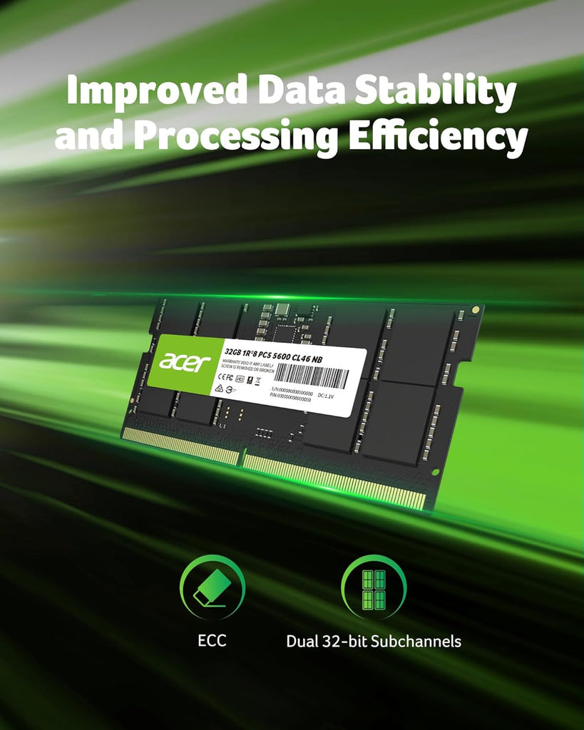 Acer SD200 DDR5 Single RAM 32GB 5600 MT/s CL46 Computer Memory for Laptop | ذاكرة وصول عشوائي فردية Acer SD200 DDR5 سعة 32 جيجابايت بسرعة 5600 ميجابت في الثانية CL46 لأجهزة الكمبيوتر المحمولة