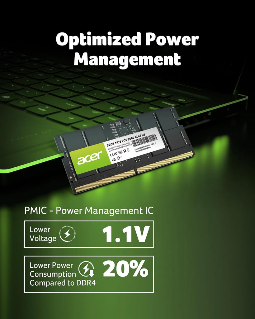 Acer SD200 DDR5 Single RAM 32GB 5600 MT/s CL46 Computer Memory for Laptop | ذاكرة وصول عشوائي فردية Acer SD200 DDR5 سعة 32 جيجابايت بسرعة 5600 ميجابت في الثانية CL46 لأجهزة الكمبيوتر المحمولة