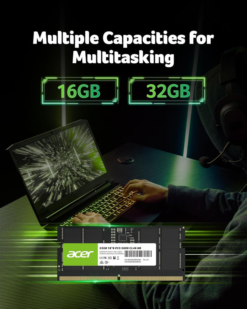 Acer SD200 DDR5 Single RAM 32GB 5600 MT/s CL46 Computer Memory for Laptop | ذاكرة وصول عشوائي فردية Acer SD200 DDR5 سعة 32 جيجابايت بسرعة 5600 ميجابت في الثانية CL46 لأجهزة الكمبيوتر المحمولة