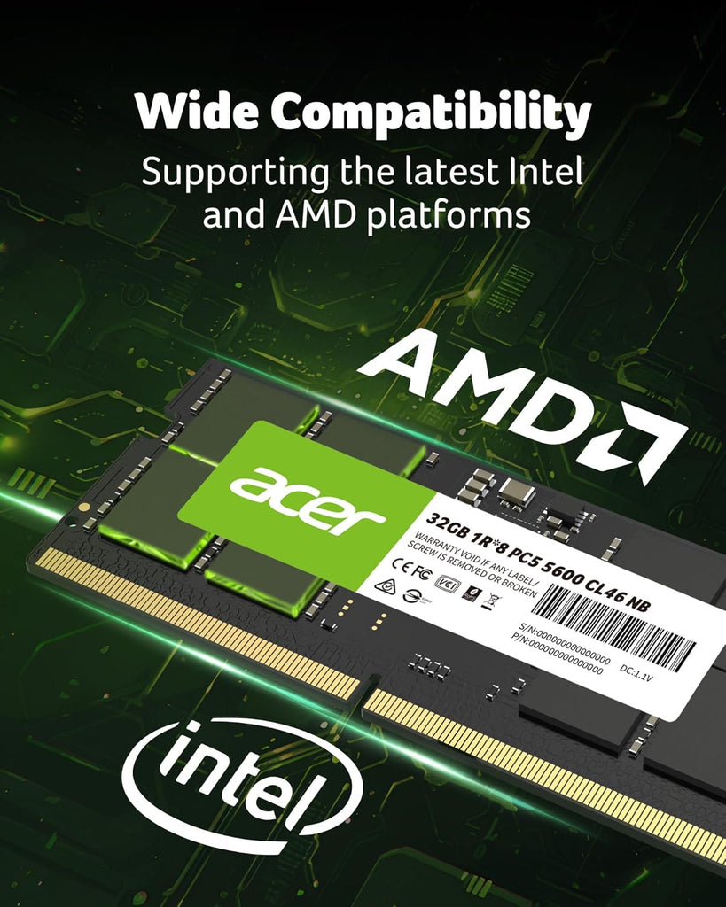 Acer SD200 DDR5 Single RAM 32GB 5600 MT/s CL46 Computer Memory for Laptop | ذاكرة وصول عشوائي فردية Acer SD200 DDR5 سعة 32 جيجابايت بسرعة 5600 ميجابت في الثانية CL46 لأجهزة الكمبيوتر المحمولة