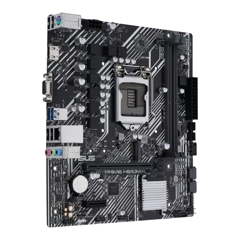 Intel® H510 (LGA 1200) micro ATX motherboard with PCIe 4.0, 32Gbps M.2 slot, Intel® 1 Gb Ethernet, HDMI, D-Sub, USB 3.2 Gen 1 Type-A, SATA 6 Gbps, COM header, and RGB header
