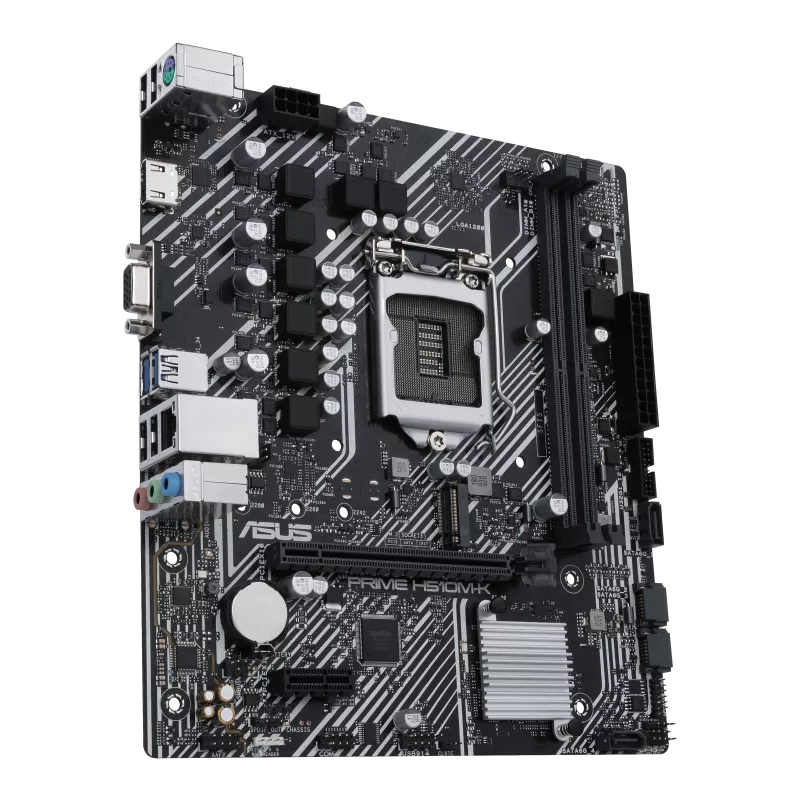 Intel® H510 (LGA 1200) micro ATX motherboard with PCIe 4.0, 32Gbps M.2 slot, Intel® 1 Gb Ethernet, HDMI, D-Sub, USB 3.2 Gen 1 Type-A, SATA 6 Gbps, COM header, and RGB header