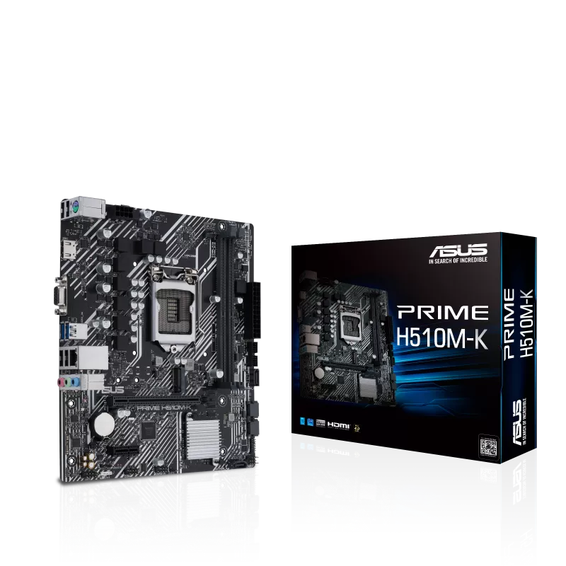 Intel® H510 (LGA 1200) micro ATX motherboard with PCIe 4.0, 32Gbps M.2 slot, Intel® 1 Gb Ethernet, HDMI, D-Sub, USB 3.2 Gen 1 Type-A, SATA 6 Gbps, COM header, and RGB header