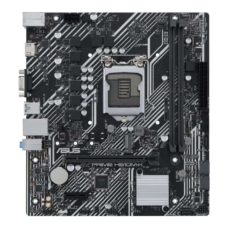 Intel® H510 (LGA 1200) micro ATX motherboard with PCIe 4.0, 32Gbps M.2 slot, Intel® 1 Gb Ethernet, HDMI, D-Sub, USB 3.2 Gen 1 Type-A, SATA 6 Gbps, COM header, and RGB header