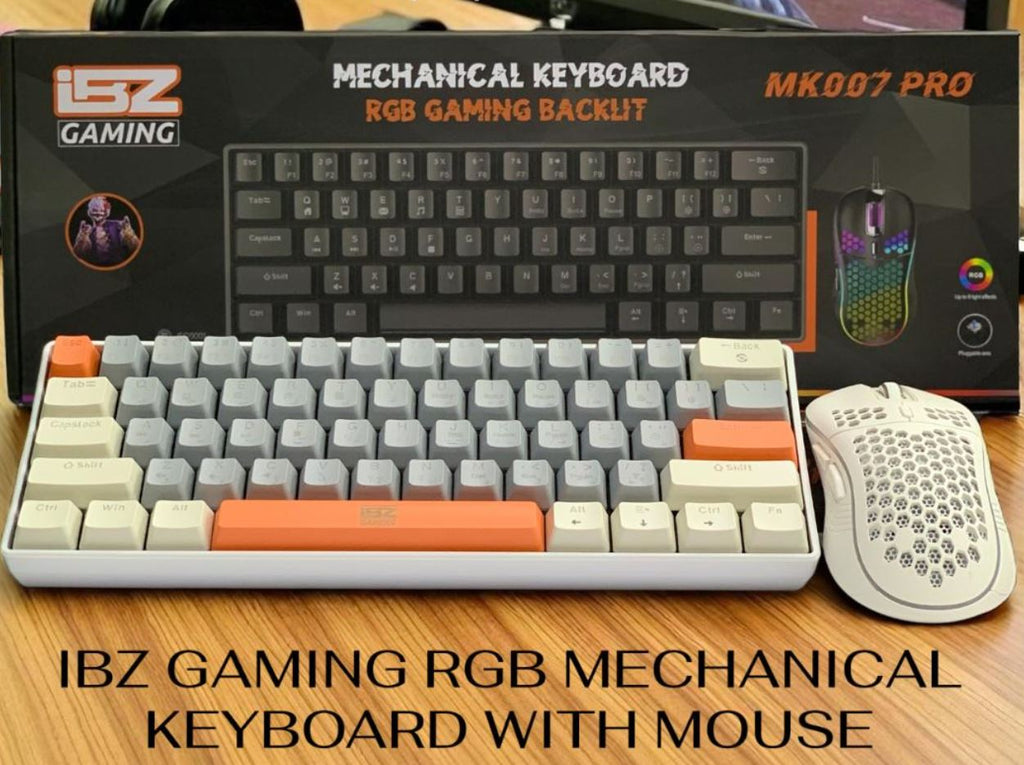 MK007 PRO iBZ Gaming Mechanical Keyboard with Mouse, Three-tone {Orange, Gray-White} | MK007 PRO iBZ لوحة مفاتيح ميكانيكية للألعاب مع ماوس.