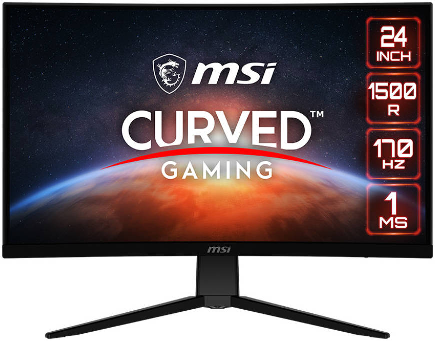 MSI G242C 23.6'' FHD Curved Gaming Monitor, Frameless Design, 170Hz Refresh Rate, 1ms Response Time, AMD FreeSync, Anti-glare, 178° Wide View Angle, 2x HDMI, 1x DP, Black