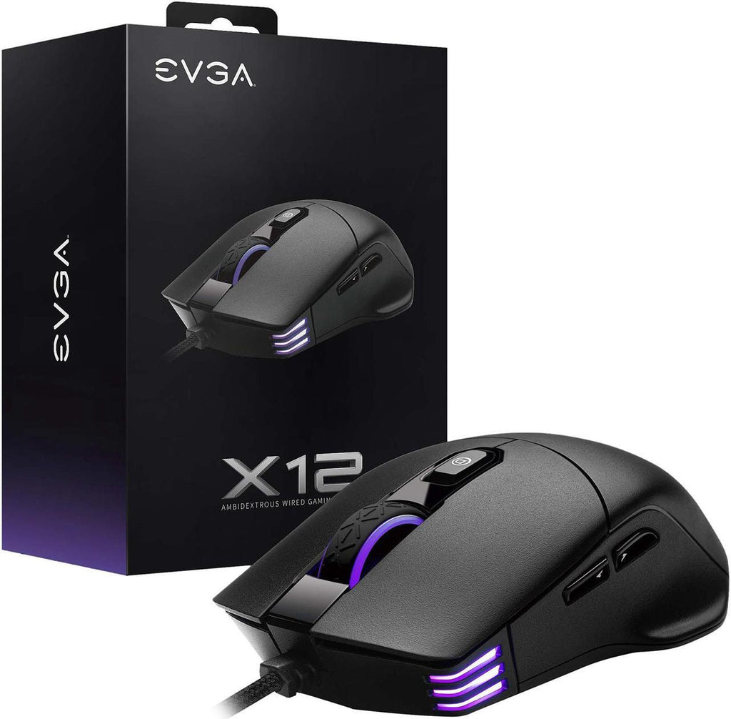 EVGA X12 Gaming Mouse, 8k, Wired, Black, Customizable, Dual Sensor, 16,000 DPI, 5 Profiles, 8 Buttons, Light Weight, RGB|ماوس ألعاب EVGA X12، 8k، سلكي، أسود، قابل للتخصيص، مستشعر مزدوج، 16000 نقطة في البوصة، 5 أوضاع، 8 أزرار، خفيف الوزن، RGB