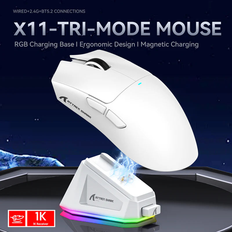 ATTACK SHARK X11 Wireless Gaming Mouse with Charging Doc white | ماوس الألعاب اللاسلكي ATTACK SHARK X11 مع وثيقة الشحن باللون الأبيض