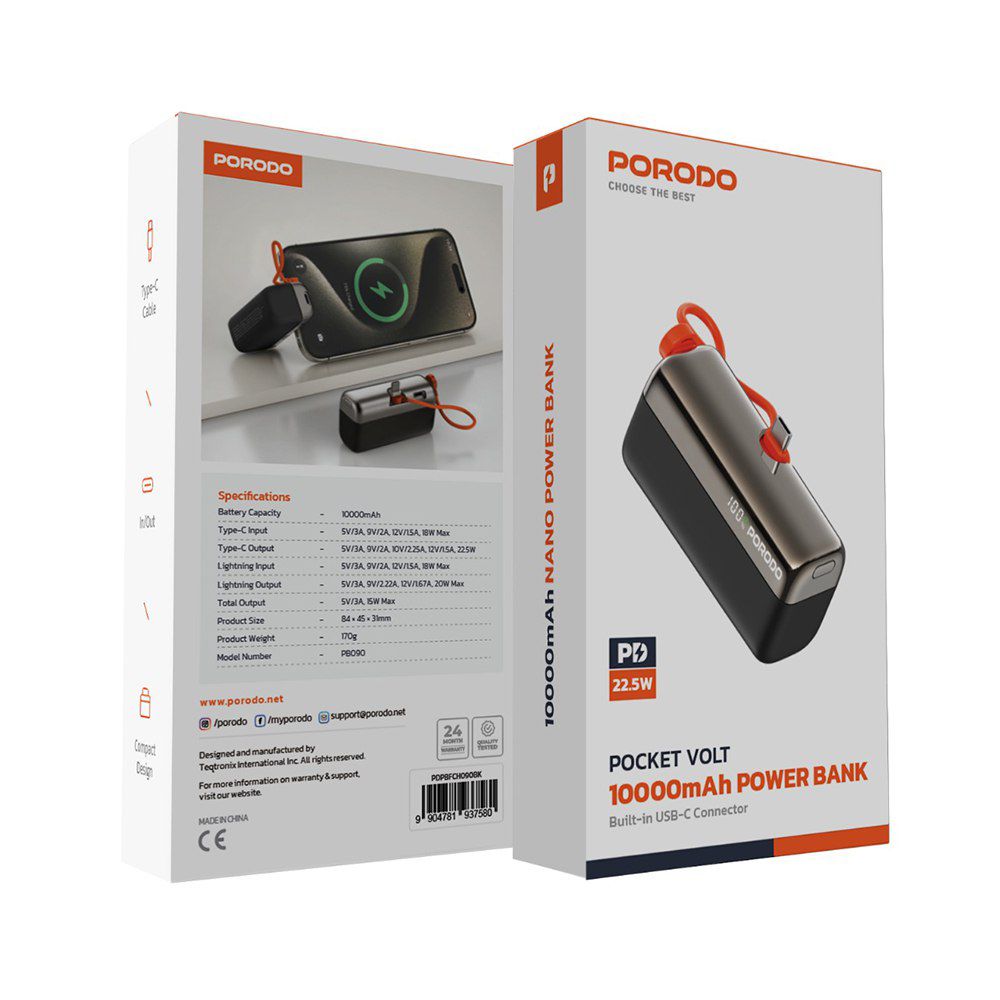 Pocket Volt  10000mAh Power Bank, Black| بنك الطاقة بوكيت فولت 10000 مللي أمبير