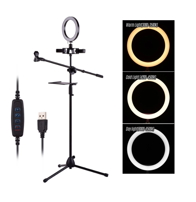 26cm LED Ring Light (3 White Modes) with Phone Clip + Stand + Mic Stand