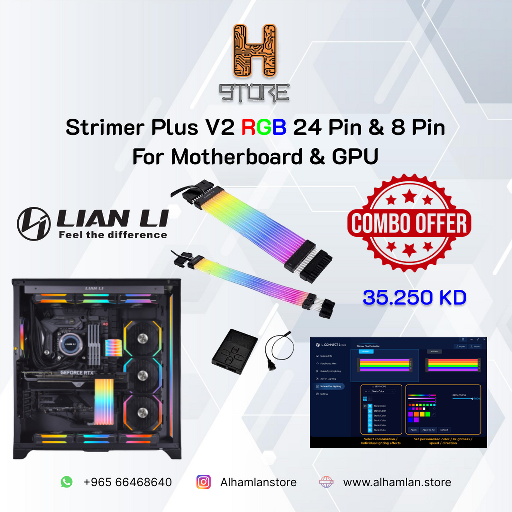 LianLi Combo offer Strimer Plus V2 8-PIN + Strimer Plus V2 24 Pin Addressable RGB Power Extension Cable with L-Connect 3 Controller