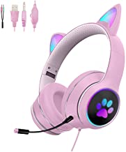 Cat Ear Gaming Headset with Microphone,USB Wired Led Flashing Glowing Kawaii Headphones,7.1 Stereo Surround Sound Gaming Headphones Compatible with PC, PS5, Xbox One, Laptop for Kids and Adult (Pink)